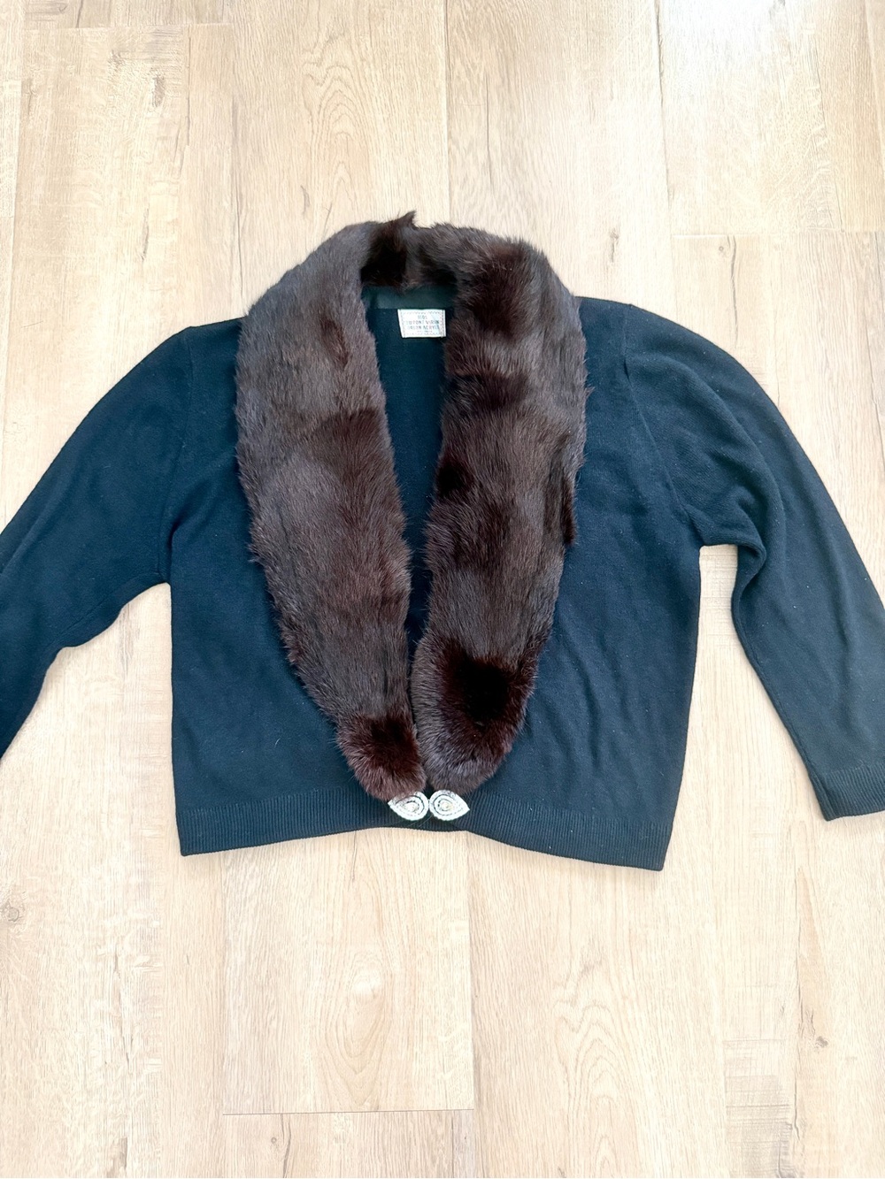 Vintage 50's Black Cardigan Real MINK FUR Shawl Collar Jeweled Clasp Sweater S/M
